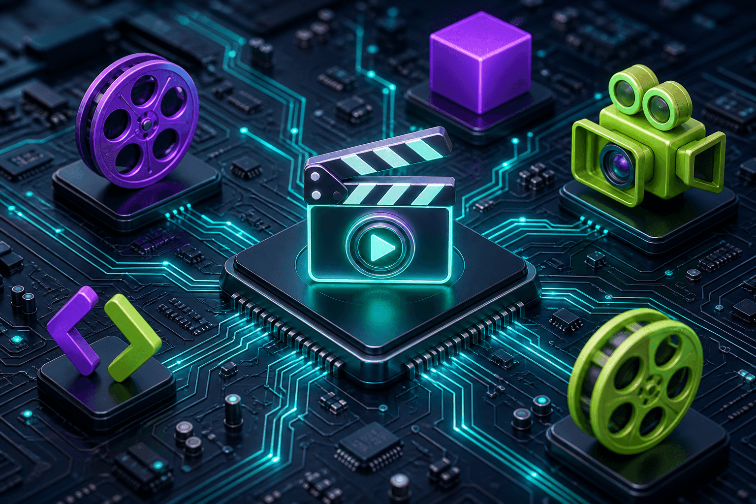 A glowing film clapperboard with a play-button lens on a circuit board chip, surrounded by film reels, a video camera, and code brackets