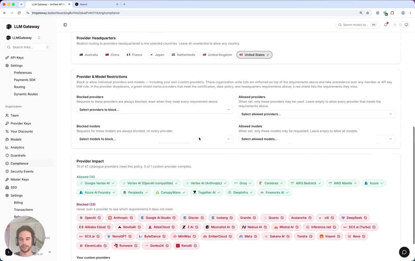 PassingRight compliance settings restricting routing by provider headquarters, with 14 allowed and 33 blocked providers