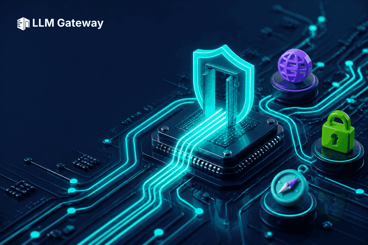 GDPR-compliant LLM routing concept — a glowing shield gate on a circuit board filtering request traces