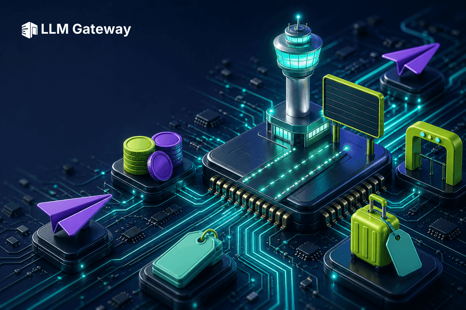 A glowing airport control tower with a lit runway leading to it on a circuit board, surrounded by paper planes, luggage tags, coins, and a boarding-gate arch