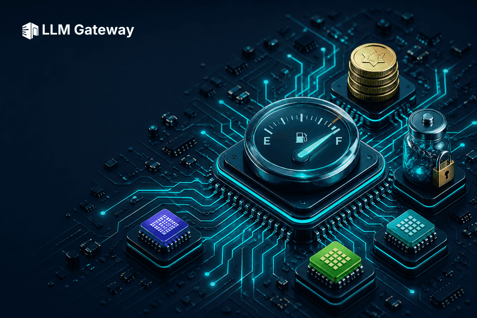 A circuit board with a glowing price meter on the central chip surrounded by model icons, representing OpenCode Go's new dollar-metered pricing
