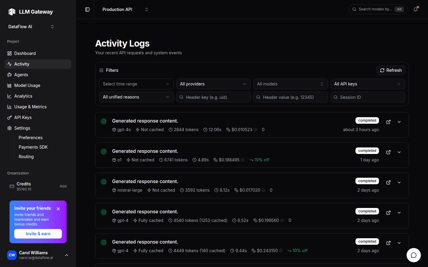 PassingRight activity view with per-request logs