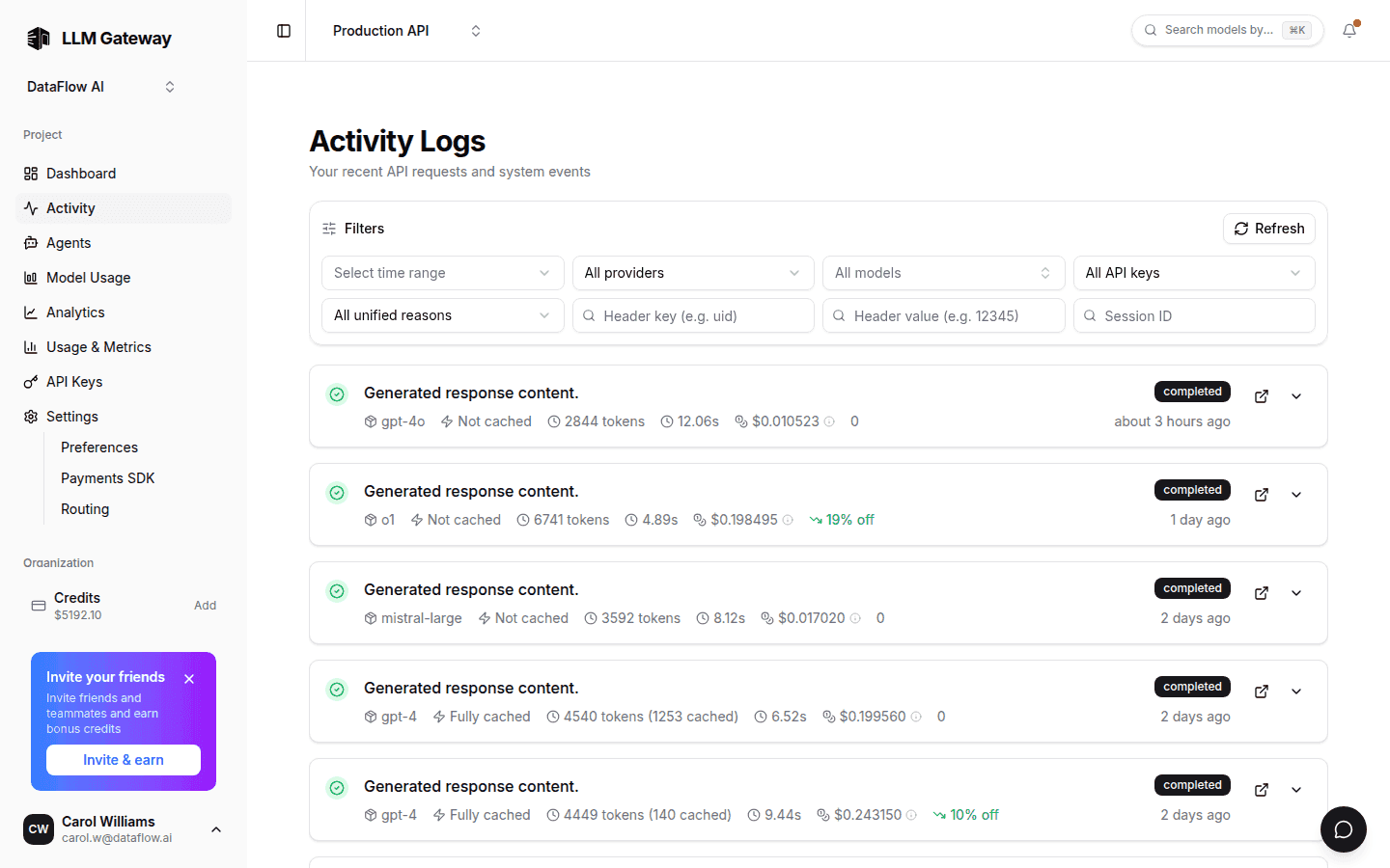 PassingRight activity view with per-request logs