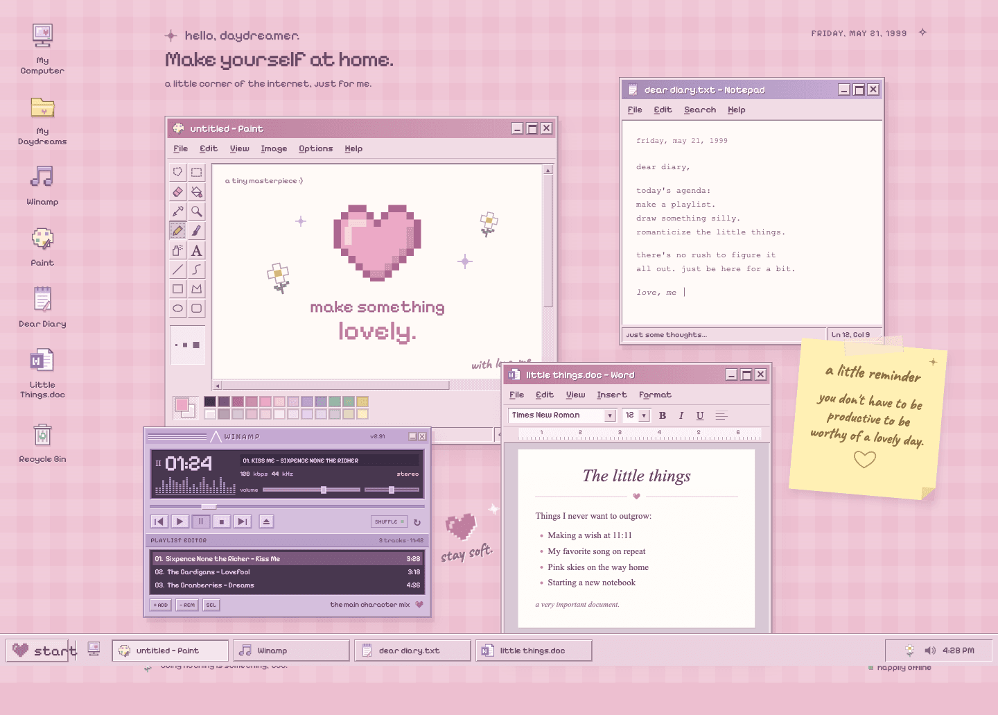 Muted mauve and rose retro desktop by GPT-6 Astra, with a pixel-art heart in Paint, a Winamp playlist editor and a Word document