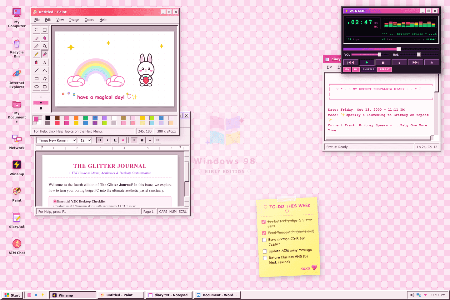 Retro pink Windows 98 desktop by Gemini 3.8 Flash, featuring a hand-vectored kawaii bunny in Paint, a 16-tool palette and a WordPad journal