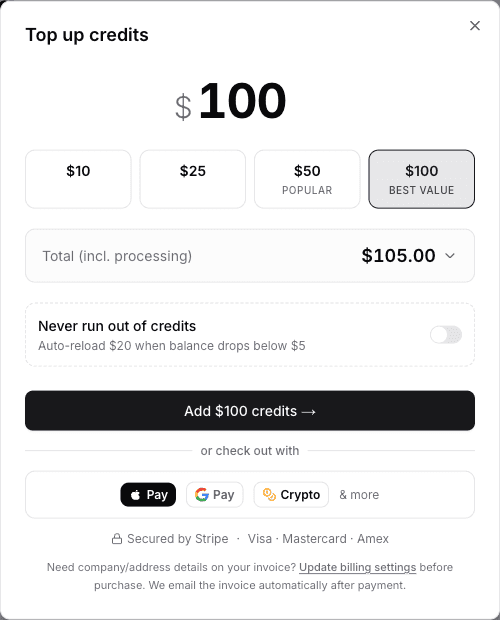 The credits top-up dialog with the checkout button showing Apple Pay, Google Pay, and Crypto below the amount selection
