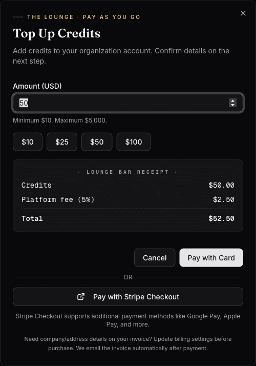 The Top Up Credits dialog with the fee breakdown styled as a Lounge bar receipt