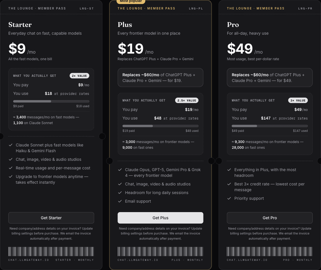 The three Lounge Member Pass cards — Starter, Plus, and Pro — styled as boarding passes with perforated stubs and barcodes