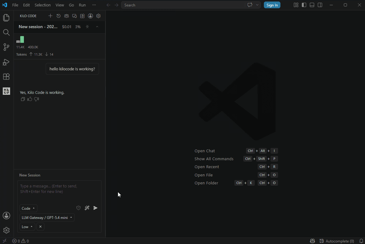 Kilo Code chat active with PassingRight